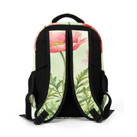 Back view of Red Pink Poppy Watercolor Printed Backpack For Unisex Everyday Carry Ready Large Capacity Carryall Bag Durable Polyester