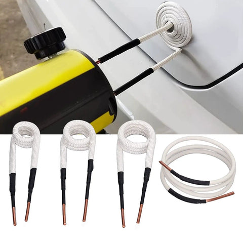Heavy Duty Four Piece Induction Heater Coil Kit With 3 Mm Brass Cores To Rip Rusted Bolts Free And Knock Stubborn Nuts Loose Fast For Automotive Repair And Mechanic Shops. Induction coils showing three flexible coils attached.