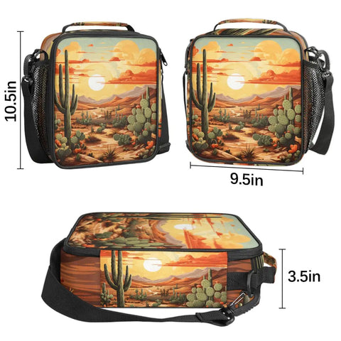 Flower Cactus Desert Insulated Lunch Tote With Leakproof Waterproof Exterior, showing cactus print and mesh pocket, dimensions 10.5x9.5x3.5 inches