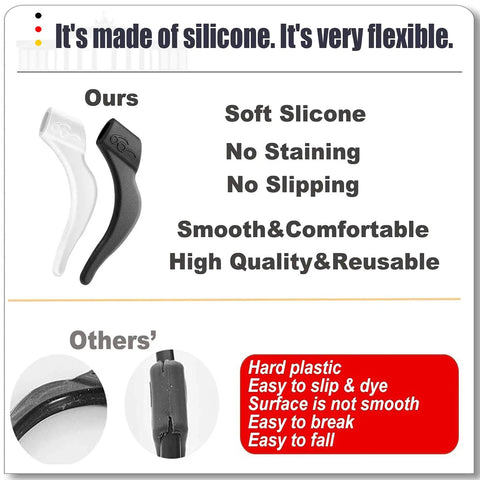 Comparative chart showing Anti Slip Eyeglass Ear Grips Set, 20 Pairs Silicone Temple Tips For Glasses And Sunglasses versus plastic tips.