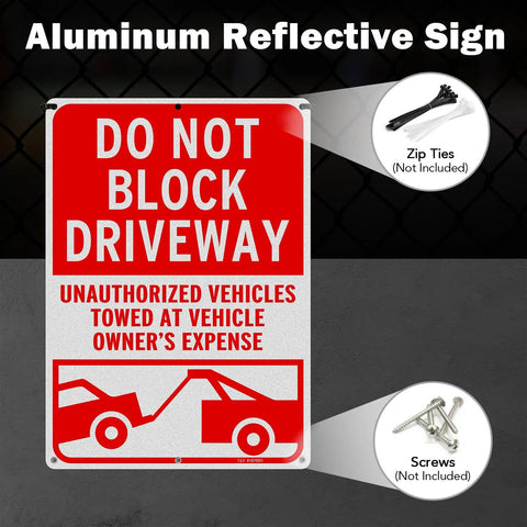 No Messing Around Heavy Duty Do Not Block Driveway Sign 14 By 10 Inches Rust Proof Aluminum Tow Warning Notice Reflective Waterproof Outdoor Property Barrier with clear text and image.