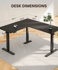 L Shaped Standing Desk 63 By 55 Inches Electric Sit Stand Table With Adjustable Height, dimensions view, black.