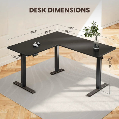 L Shaped Standing Desk 63 By 55 Inches Electric Sit Stand Table With Adjustable Height, dimensions view, black.