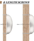 Side view of 5 Pack Brushed Nickel Cup Cabinet Pulls With 3 Inch Hole Centers, two screw lengths shown on wood panel
