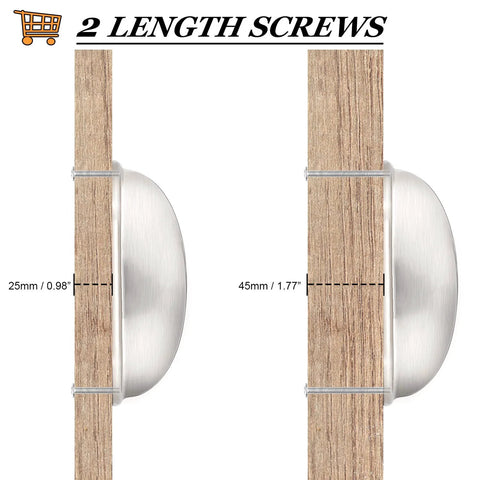 Side view of 5 Pack Brushed Nickel Cup Cabinet Pulls With 3 Inch Hole Centers, two screw lengths shown on wood panel