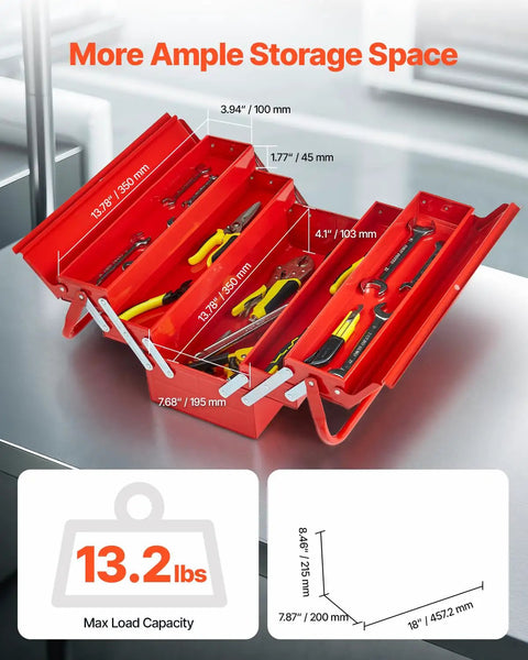 Solid 18 Inch Metal Tool Box With 3 Tier 5 Tray Layout, Fold Down Tool Chest For Garage Grinds And Truck Beds, Tough Powder Coated Steel For Sweet Organizing Vibes