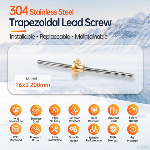 304 stainless steel Tr6x2 trapezoidal lead screw 200mm with brass nut for CNC routers and 3D printers