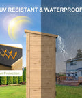 Outdoor Storage Cabinet With Waterproof Roof And Double Lockable Doors shown in sun and rain for durability