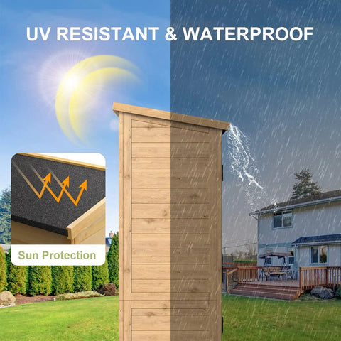 Outdoor Storage Cabinet With Waterproof Roof And Double Lockable Doors shown in sun and rain for durability