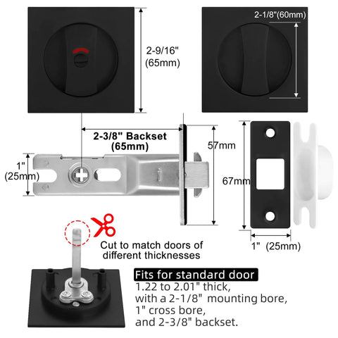 Diagram showing Pocket Door Lock Hardware Matte Black Privacy Lock With Indicator For Sliding And Bifold Doors No Fuss Install details.