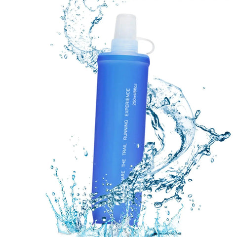 Ultra Lightweight Foldable Water Bottle For Hiking And Outdoor Adventures, 250ml capacity, blue pouch, with splash design