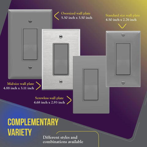 Slick Decorator Paddle Rocker Light Switch Gloss Gray Finish Single Pole 3 Wire Grounding Screw Residential Grade