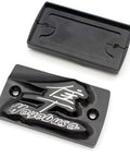Hayabusa Front Brake Reservoir Cover Beefed Up 2 Pack Durable Aluminum Master Cylinder Cap For Suzuki GSX1300R Hayabusa 1999-2020 Black Clutch Fluid Cap Replacement, shown in black aluminum material, featuring engraved text.