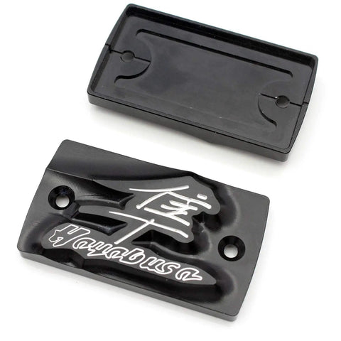 Hayabusa Front Brake Reservoir Cover Beefed Up 2 Pack Durable Aluminum Master Cylinder Cap For Suzuki GSX1300R Hayabusa 1999-2020 Black Clutch Fluid Cap Replacement, shown in black aluminum material, featuring engraved text.