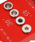 Close-up of Pocket Hole Jig Drill Guide showing 30 and 45 degree angles with metal bushings, aluminum red body for woodworking.