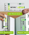 Nifty Tiny Handheld Magnetic Bubble Spirit Level With Clear Acrylic Measure Stick, showing inches and metric measurements.