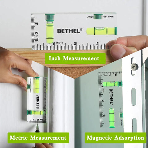 Nifty Tiny Handheld Magnetic Bubble Spirit Level With Clear Acrylic Measure Stick, showing inches and metric measurements.