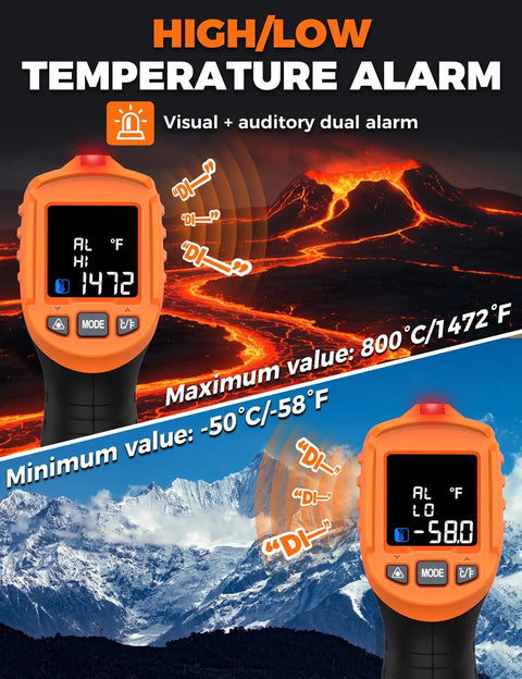 4 In 1 Infrared Temperature Gun With K Type Probe showing high and low temperature alarm settings.