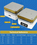 Electric Soldering Hot Plate 55mm X 55mm Plate, 25V 95W OLED Mini Preheat Soldering Station with technical specs on display