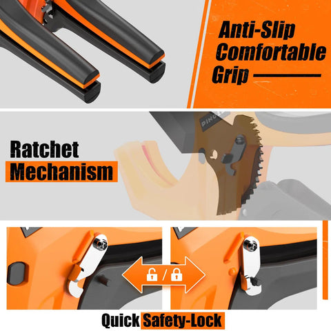 Beefy Pro Grade PVC Pipe Cutter, Aluminum Ratchet Tool That Cuts Up To 2.5 Inches, showing grip, ratchet and safety-lock features.