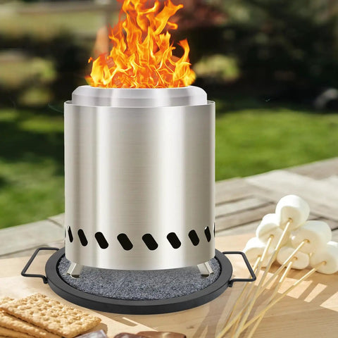 Tabletop Fire Pit Mat For Solo Stove Mesa XL, Baked Enamel Heat Resistant Tray with flames and marshmallows, outdoor setting