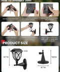 Assembly instructions and size for Solar Wall Lanterns Two Pack, Waterproof Decorative Solar Powered Lights For Playhouses, Tree Houses, Sheds, Fences, And Backyards, Easy Auto Charge Outdoor Ambient Lighting For Garden, Patio, And More, Lit Nighttime Glow.