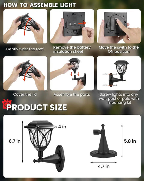 Assembly instructions and size for Solar Wall Lanterns Two Pack, Waterproof Decorative Solar Powered Lights For Playhouses, Tree Houses, Sheds, Fences, And Backyards, Easy Auto Charge Outdoor Ambient Lighting For Garden, Patio, And More, Lit Nighttime Glow.