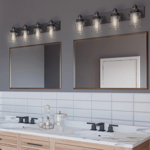 Vintage Farmhouse Bath Vanity Light With Clear Glass Shades, 4 Light Antique Bronze Finish, above dual bathroom mirrors