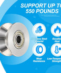 Heavy Duty V Groove Track Wheels 304 Stainless Steel Double Pulley 3000 Lb Capacity showing a stainless steel pulley supporting 550 lbs.