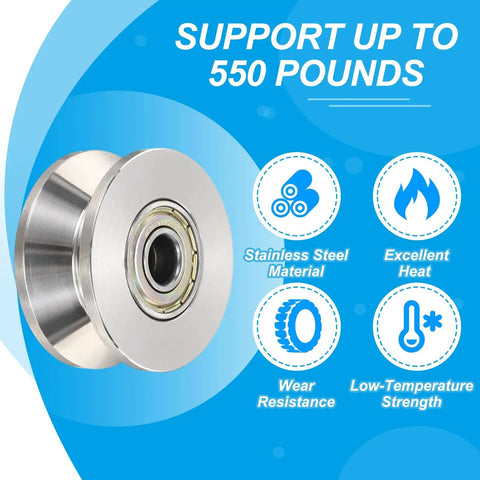 Heavy Duty V Groove Track Wheels 304 Stainless Steel Double Pulley 3000 Lb Capacity showing a stainless steel pulley supporting 550 lbs.