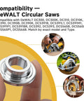 Hand holding Two Pack Inner Clamp Washer for DeWalt DC300 DC310 DC390 Series with circular saw compatibility chart