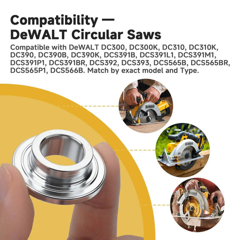 Hand holding Two Pack Inner Clamp Washer for DeWalt DC300 DC310 DC390 Series with circular saw compatibility chart