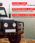 Off-road vehicle with 3 Foot Fiberglass CB Radio Antenna With 1000 Watt Rating Black Finish, rugged terrain background