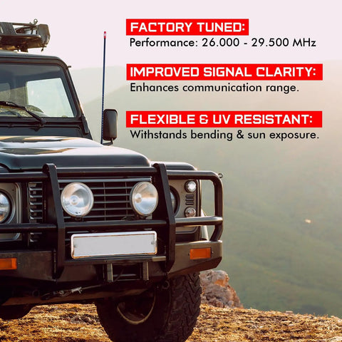 Off-road vehicle with 3 Foot Fiberglass CB Radio Antenna With 1000 Watt Rating Black Finish, rugged terrain background