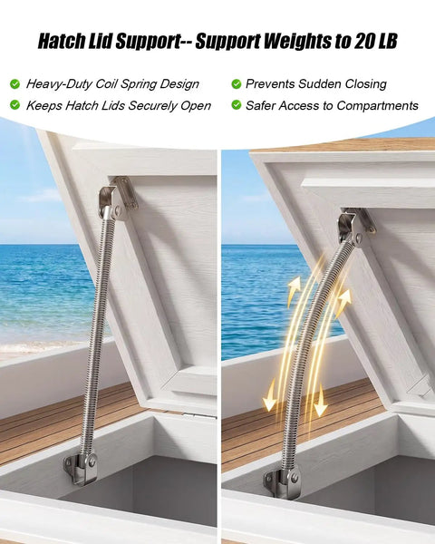 10 Inch Hatch Lid Support Spring In 316 Stainless Steel For Boats And Yachts, showing spring in open position on compartment