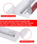 Two-Piece Notch Trowel Set With Stainless Steel Blades And Soft Grip Handle, showing 1/8 and 1/4 inch square notches