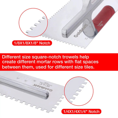 Two-Piece Notch Trowel Set With Stainless Steel Blades And Soft Grip Handle, showing 1/8 and 1/4 inch square notches