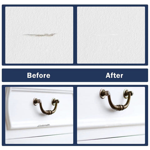 Easy Touch Up Paint Pens Refillable Wall Repair Kit Smooth Out Dings On Drywall before and after wall and furniture repair.