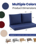 Outdoor Loveseat Cushion Set for Patio Comfort Cozy Up Your Outdoor Space 46 by 26 Inch Deep Seat Cushions Waterproof and Fade Resistant Navy Blue for Wicker Bench Swing and Couch Outdoor Furniture. Shown with dimensions and color options.