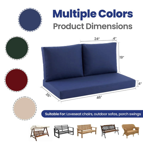 Outdoor Loveseat Cushion Set for Patio Comfort Cozy Up Your Outdoor Space 46 by 26 Inch Deep Seat Cushions Waterproof and Fade Resistant Navy Blue for Wicker Bench Swing and Couch Outdoor Furniture. Shown with dimensions and color options.