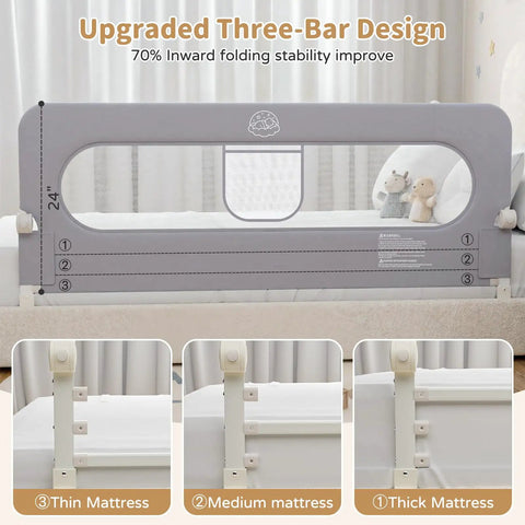 Toddler Bed Rail Guard, 47 Inch Foldable Bed Rail For Baby, shown on a bed with upgraded three-bar design for stability.