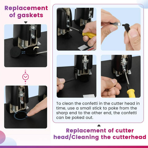 Replacement of gaskets and cutter head on heavy duty three hole punch with labor saving handle punches up to 150 sheets
