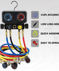 All In One HVAC Manifold Gauge Set With Hose Kit For Auto AC Systems showing gauges and colorful hoses with features listed