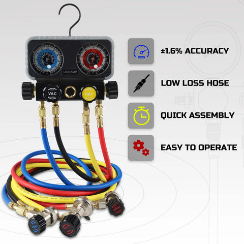 All In One HVAC Manifold Gauge Set With Hose Kit For Auto AC Systems showing gauges and colorful hoses with features listed