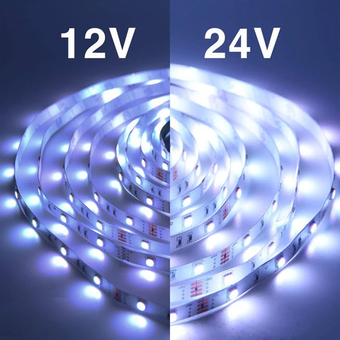 LED strips showing 12V and 24V options for 200ft Bluetooth RGB LED Strip Lights With App Control IR Remote Dope Music Sync