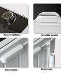 Supercompact Portable Washer And Dryer Combo showing rotary switches, invisible handle, side handle, and drain hose.