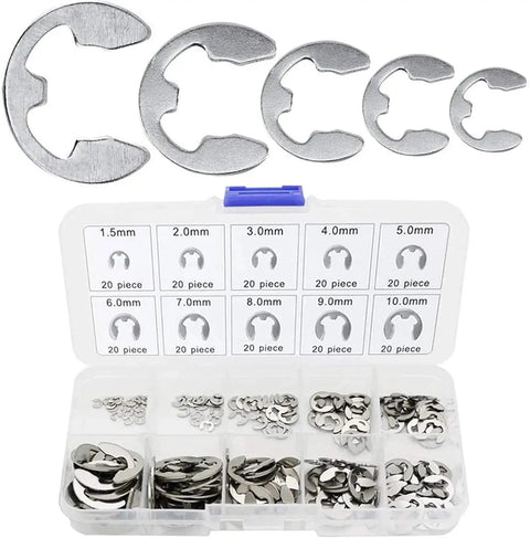 Stainless Steel External Retaining Ring Kit 200 Pcs 10 Sizes From 1.5 Mm To 10 Mm E Clip Snap Washer Set Display