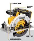Brushless 20V Max Cordless Circular Saw With 6-1/2-Inch Blade featuring rafter hook, electric brake, and dust port.