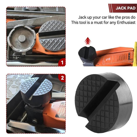 Two Pack Rubber Jack Pad For Trolley Floor Jack Disk Pad Adapter Pinch Weld Jack Anti Slip Rail Frame Support Block For Vehicle Lift Axle Stand Grippy Heavy Duty Rubber Cushion Shields Car Body Side Skirts Easy Mount installed on jack.