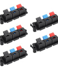 Five Three Way Spring Terminal Clip Push Release Connector Plates for Speaker Terminals, color-coded in red, blue, black.